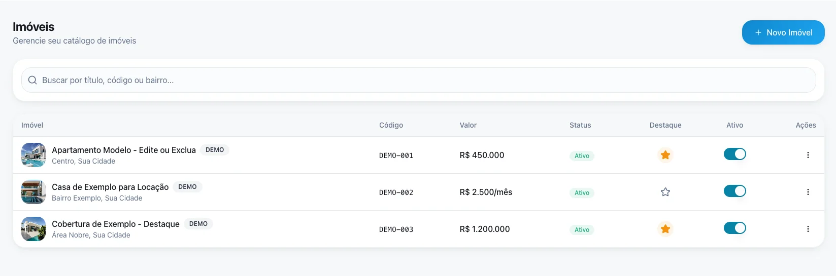 Lista de imóveis no Place AI